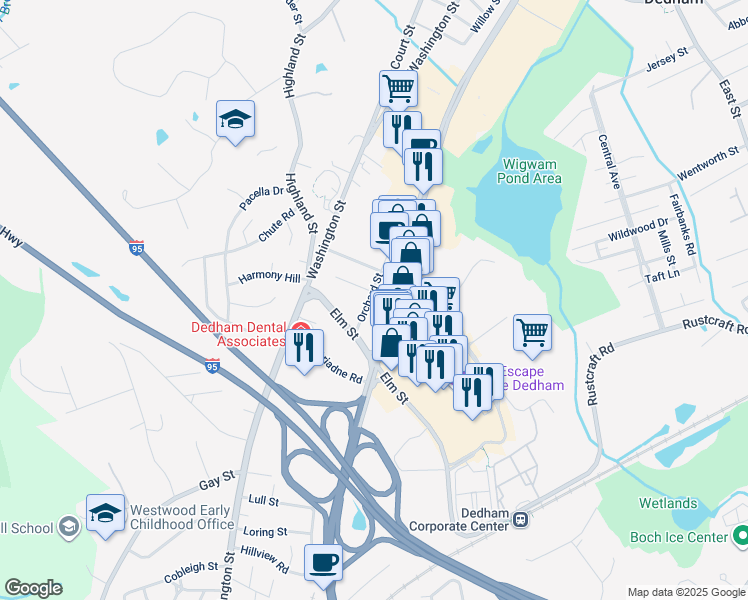 map of restaurants, bars, coffee shops, grocery stores, and more near 32 Orchard Street in Dedham