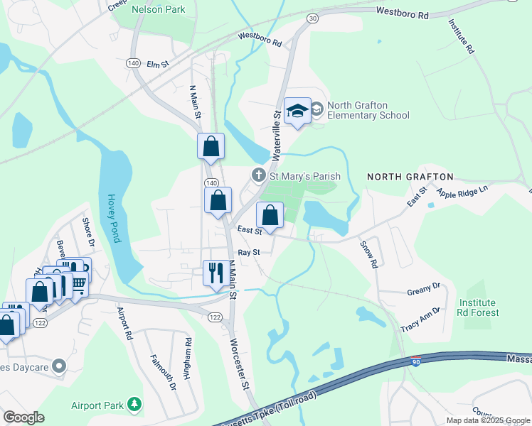 map of restaurants, bars, coffee shops, grocery stores, and more near 5 Prospect Street in Grafton