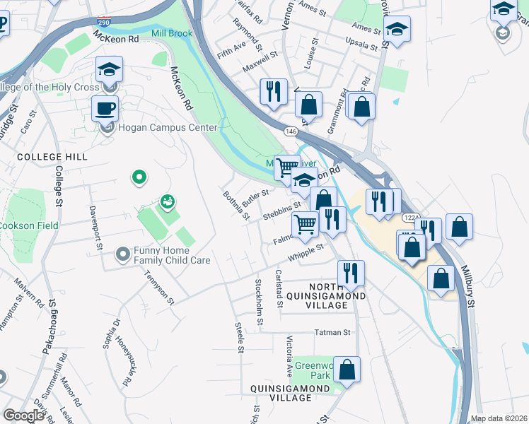 map of restaurants, bars, coffee shops, grocery stores, and more near 38 Stebbins Street in Worcester