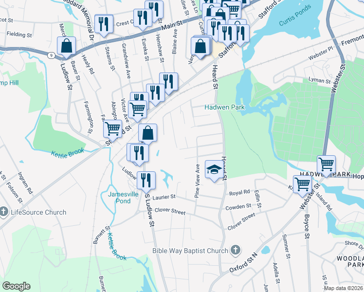 map of restaurants, bars, coffee shops, grocery stores, and more near 46 Lebanon Street in Worcester