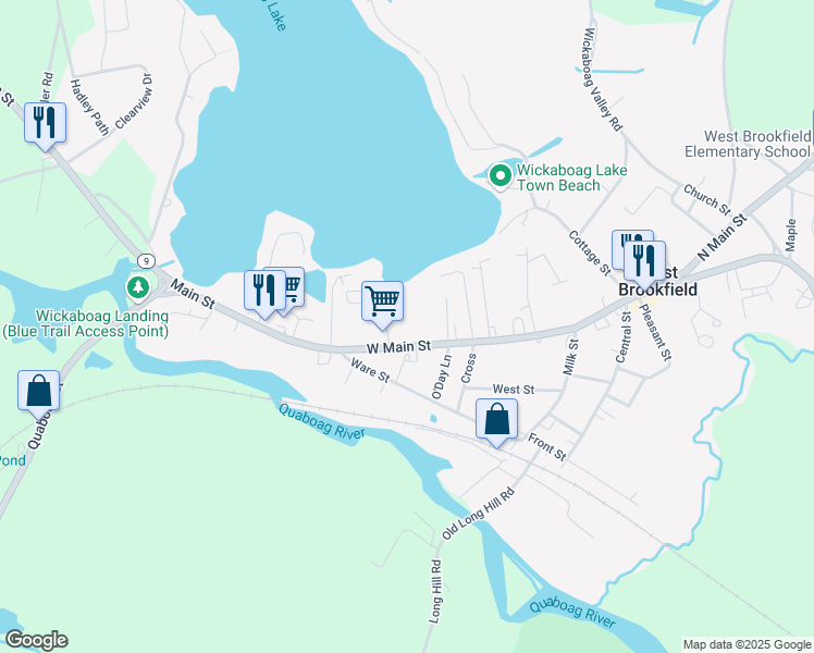 map of restaurants, bars, coffee shops, grocery stores, and more near 97 Massachusetts 9 in West Brookfield