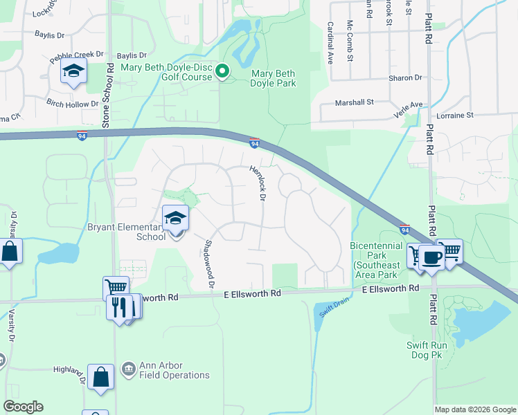 map of restaurants, bars, coffee shops, grocery stores, and more near 2184 Hemlock Drive in Ann Arbor