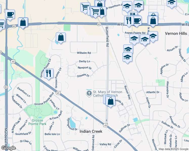 map of restaurants, bars, coffee shops, grocery stores, and more near 1405 Orleans Drive in Mundelein