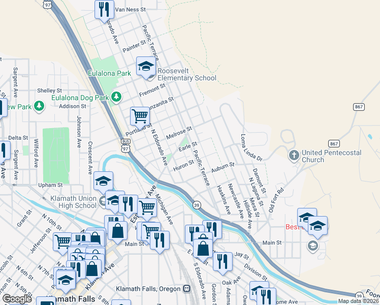 map of restaurants, bars, coffee shops, grocery stores, and more near 628 Pacific Terrace in Klamath Falls