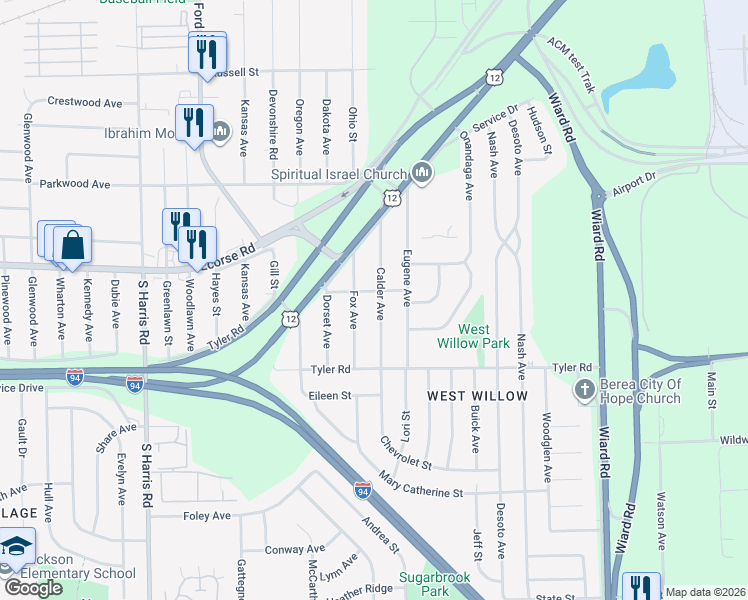 map of restaurants, bars, coffee shops, grocery stores, and more near 720 Calder Avenue in Ypsilanti