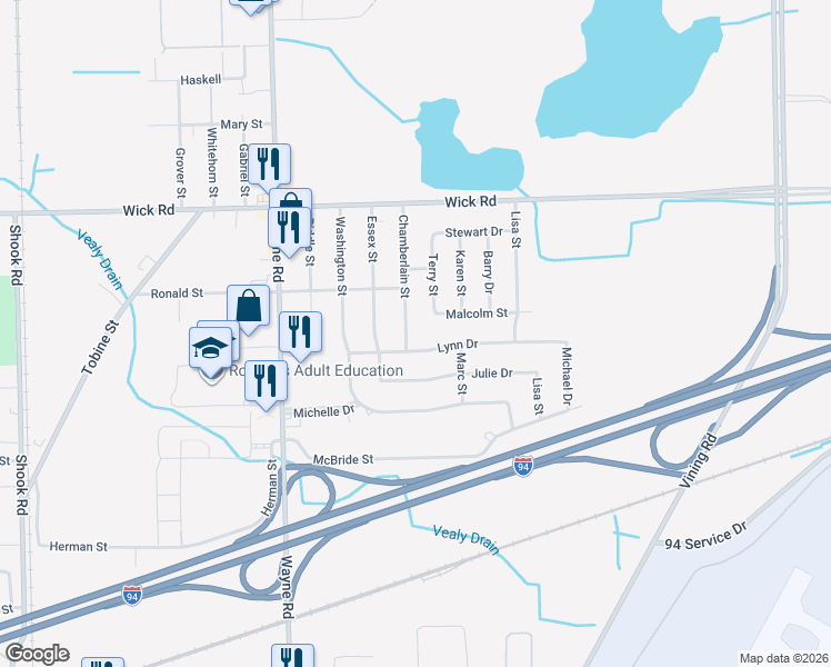 map of restaurants, bars, coffee shops, grocery stores, and more near 9509 Chamberlain St in Romulus
