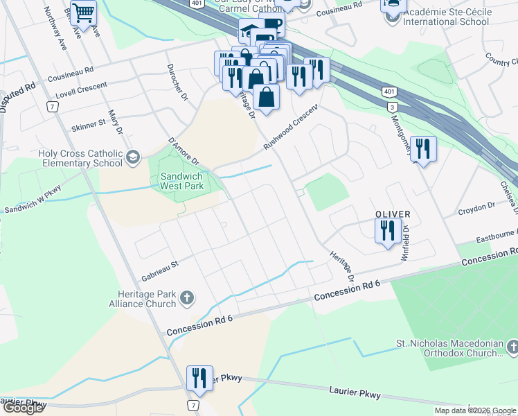 map of restaurants, bars, coffee shops, grocery stores, and more near Tom Toth Street in Windsor
