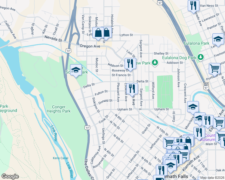 map of restaurants, bars, coffee shops, grocery stores, and more near 605 Fulton Street in Klamath Falls