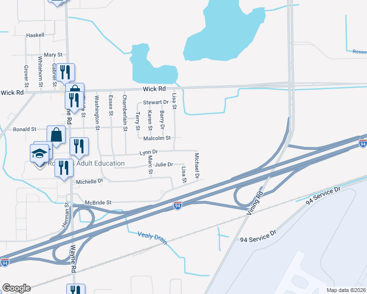 map of restaurants, bars, coffee shops, grocery stores, and more near 34372 Lynn Drive in Romulus