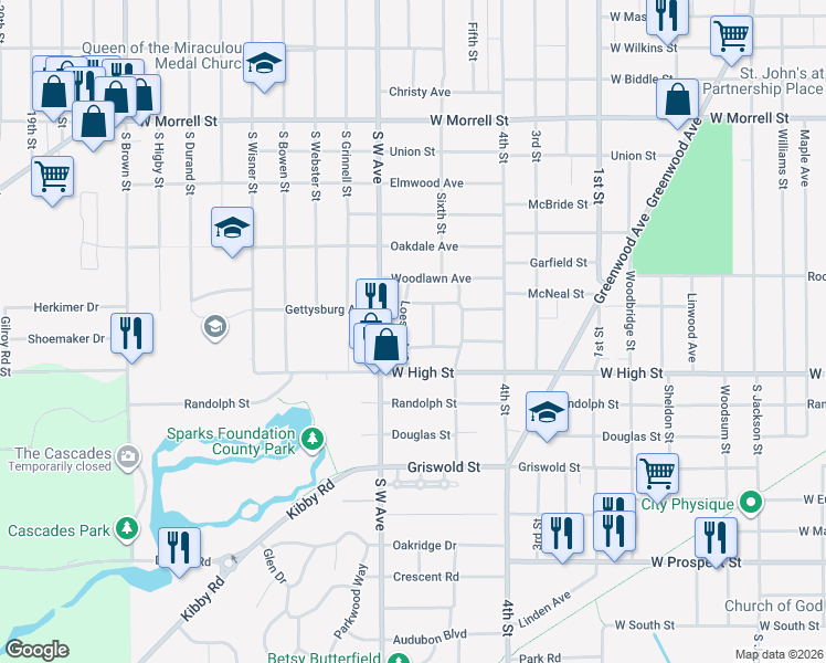 map of restaurants, bars, coffee shops, grocery stores, and more near 1218 Highland Boulevard in Jackson