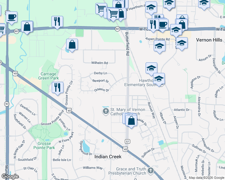 map of restaurants, bars, coffee shops, grocery stores, and more near 1405 Orleans Drive in Mundelein