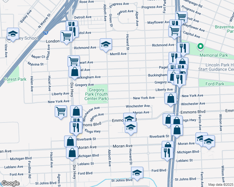 map of restaurants, bars, coffee shops, grocery stores, and more near 1661 Liberty Avenue in Lincoln Park