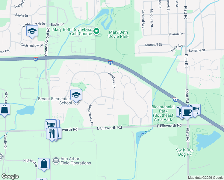map of restaurants, bars, coffee shops, grocery stores, and more near 2184 Hemlock Drive in Ann Arbor
