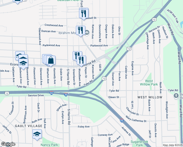 map of restaurants, bars, coffee shops, grocery stores, and more near 600 Kansas Avenue in Ypsilanti