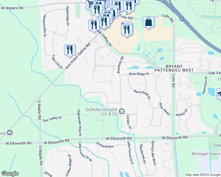map of restaurants, bars, coffee shops, grocery stores, and more near 3628 Meadow Grove Trail in Ann Arbor