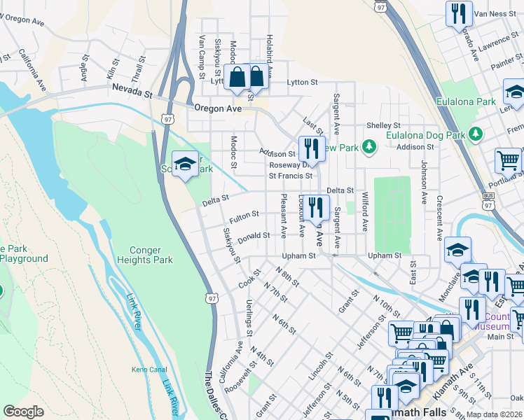 map of restaurants, bars, coffee shops, grocery stores, and more near 549 Fulton Street in Klamath Falls