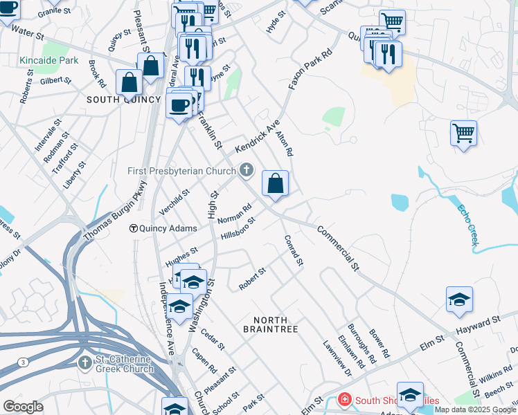 map of restaurants, bars, coffee shops, grocery stores, and more near 313 Franklin Street in Quincy