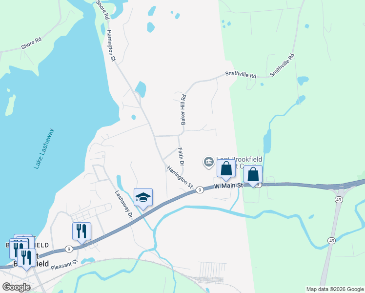 map of restaurants, bars, coffee shops, grocery stores, and more near 129 Faith Drive in East Brookfield