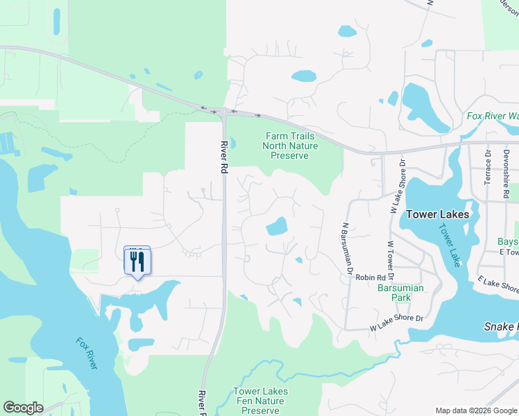 map of restaurants, bars, coffee shops, grocery stores, and more near 25438 North Cayuga Trail in Lake Barrington
