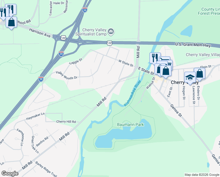 map of restaurants, bars, coffee shops, grocery stores, and more near 3351 Mill Road in Cherry Valley