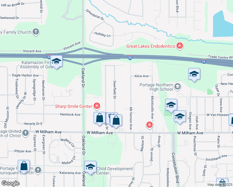 map of restaurants, bars, coffee shops, grocery stores, and more near 5713 Deerfield Street in Portage
