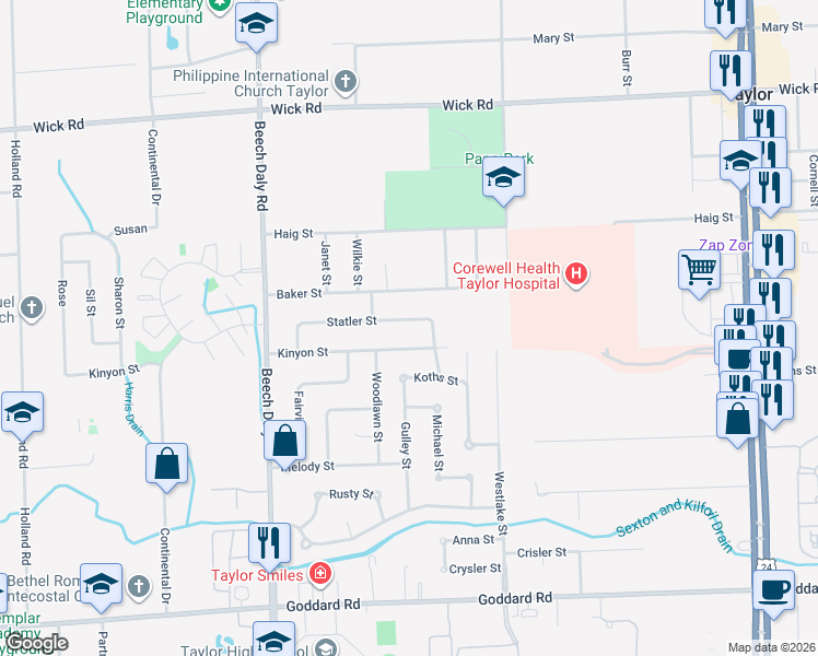 map of restaurants, bars, coffee shops, grocery stores, and more near 25427 Statler Street in Taylor
