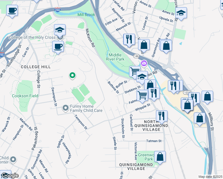 map of restaurants, bars, coffee shops, grocery stores, and more near 62 Butler Street in Worcester