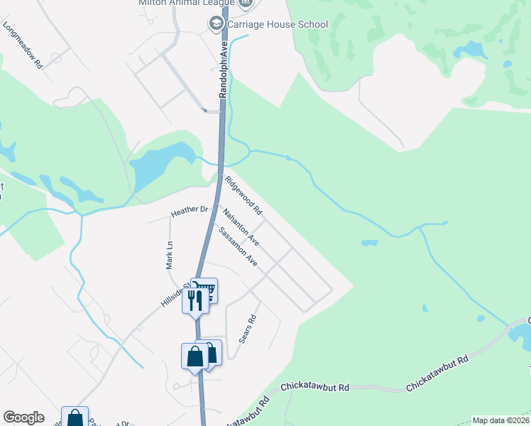 map of restaurants, bars, coffee shops, grocery stores, and more near 76 Ridgewood Road in Milton