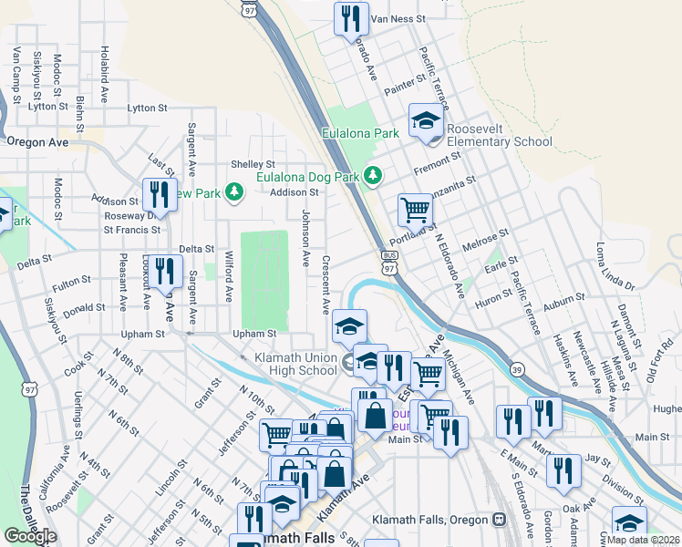 map of restaurants, bars, coffee shops, grocery stores, and more near 965 North Alameda Avenue in Klamath Falls