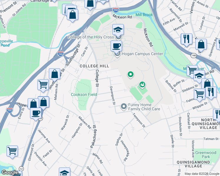 map of restaurants, bars, coffee shops, grocery stores, and more near 14 Davenport Street in Worcester