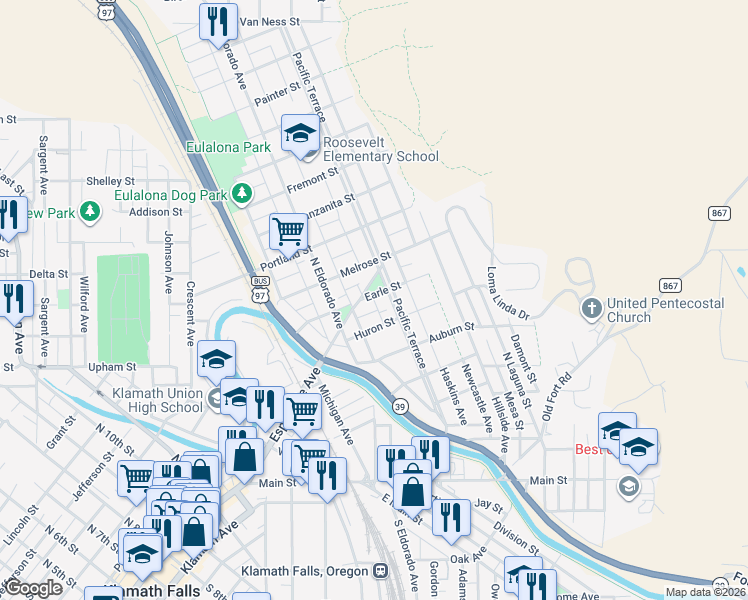 map of restaurants, bars, coffee shops, grocery stores, and more near 628 Pacific Terrace in Klamath Falls