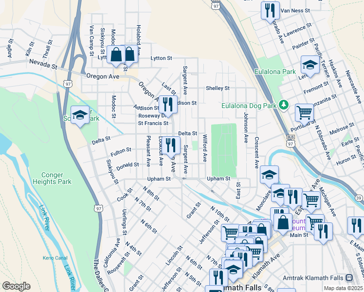 map of restaurants, bars, coffee shops, grocery stores, and more near 925B Fulton Street in Klamath Falls