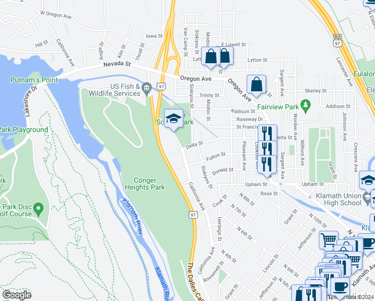 map of restaurants, bars, coffee shops, grocery stores, and more near 320 Delta Street in Klamath Falls