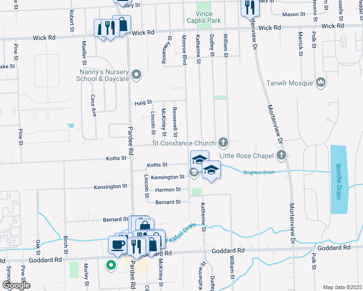 map of restaurants, bars, coffee shops, grocery stores, and more near 22101 Kinyon Street in Taylor