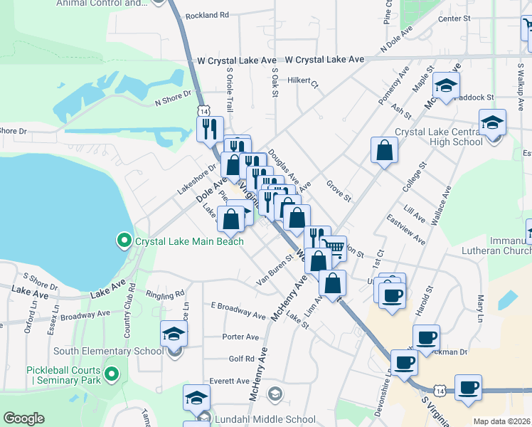 map of restaurants, bars, coffee shops, grocery stores, and more near 415 West Virginia Street in Crystal Lake