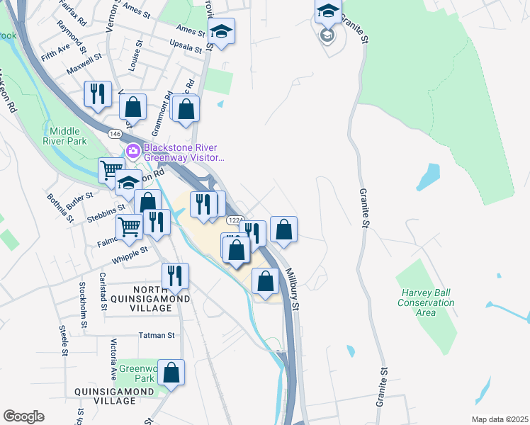 map of restaurants, bars, coffee shops, grocery stores, and more near 27 Gibbs Street in Worcester