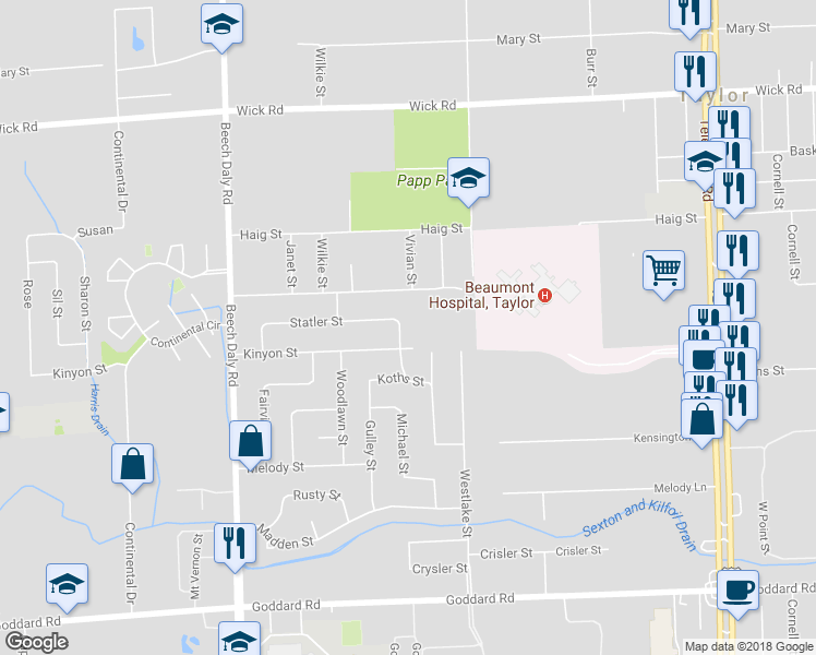 map of restaurants, bars, coffee shops, grocery stores, and more near 25348 Statler Street in Taylor
