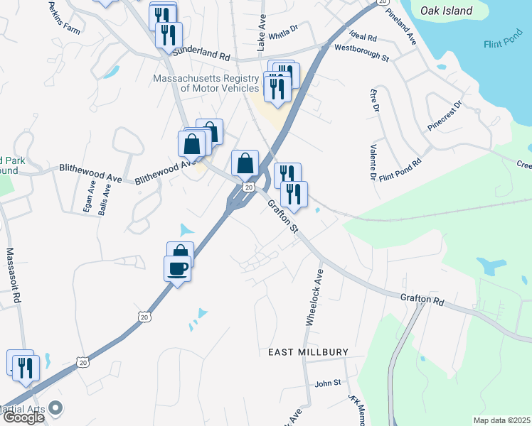map of restaurants, bars, coffee shops, grocery stores, and more near 3 Stidsen Way in Worcester