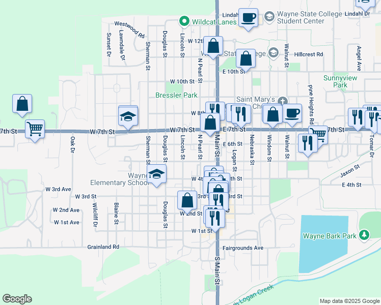 map of restaurants, bars, coffee shops, grocery stores, and more near 510 North Pearl Street in Wayne