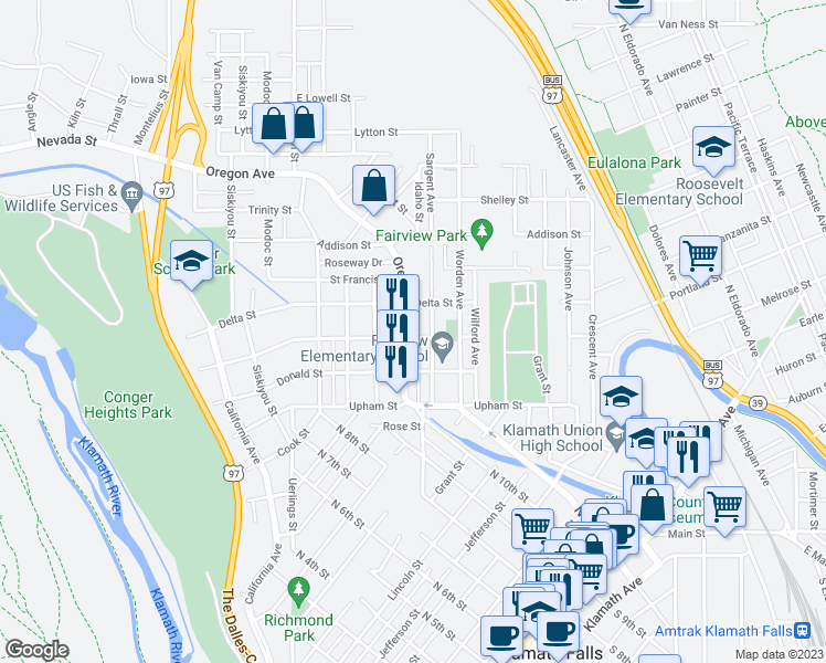 map of restaurants, bars, coffee shops, grocery stores, and more near 913 Fulton Street in Klamath Falls