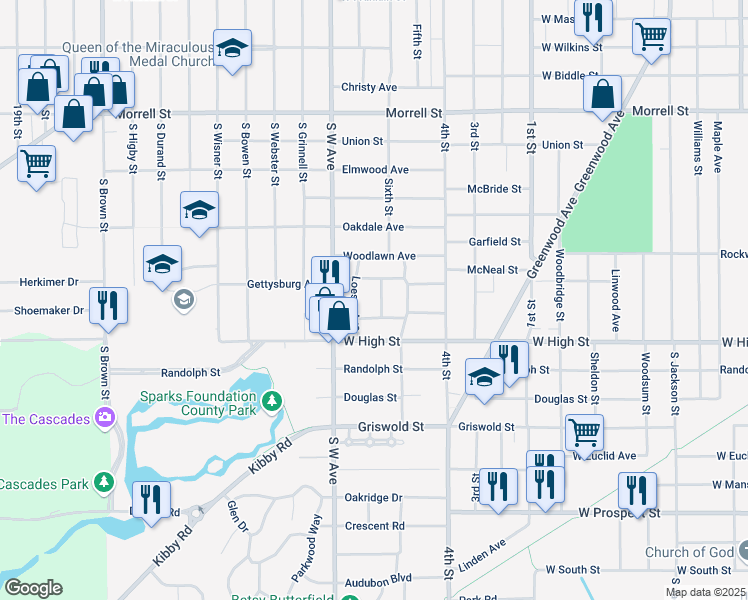 map of restaurants, bars, coffee shops, grocery stores, and more near 1218 Highland Boulevard in Jackson