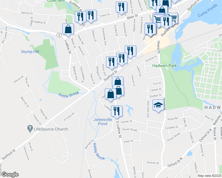 map of restaurants, bars, coffee shops, grocery stores, and more near 281 Ludlow Street in Worcester