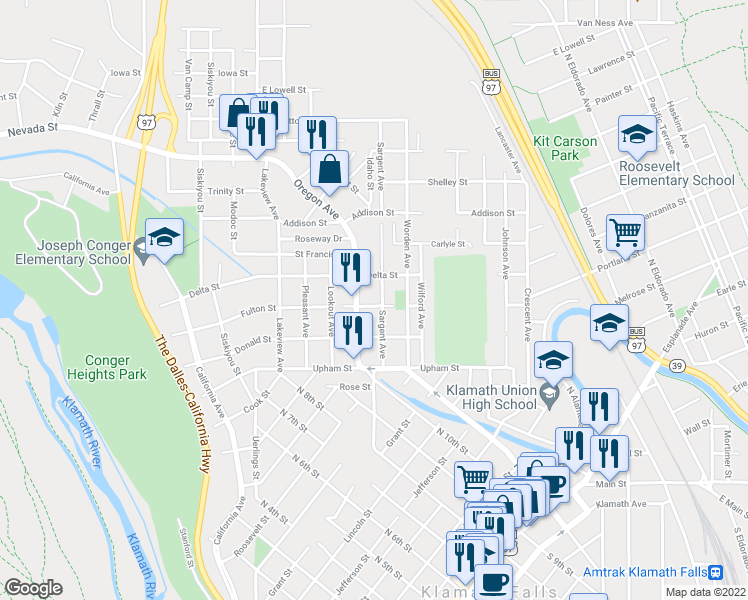 map of restaurants, bars, coffee shops, grocery stores, and more near 925 Fulton Street in Klamath Falls