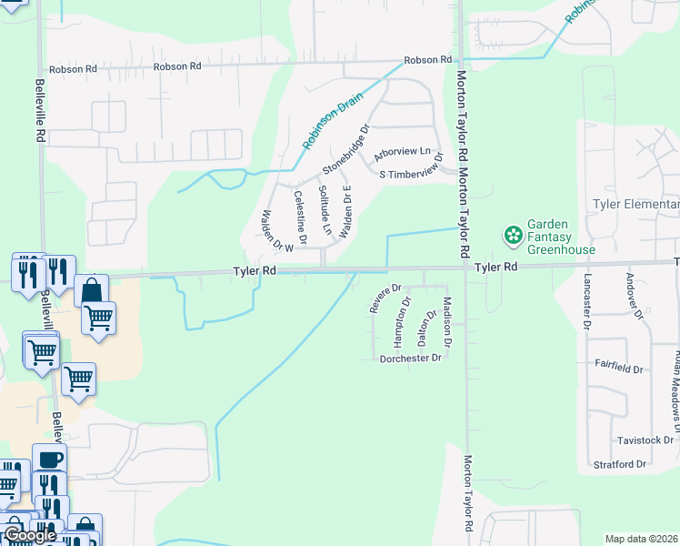 map of restaurants, bars, coffee shops, grocery stores, and more near 44003 Tyler Road in Belleville