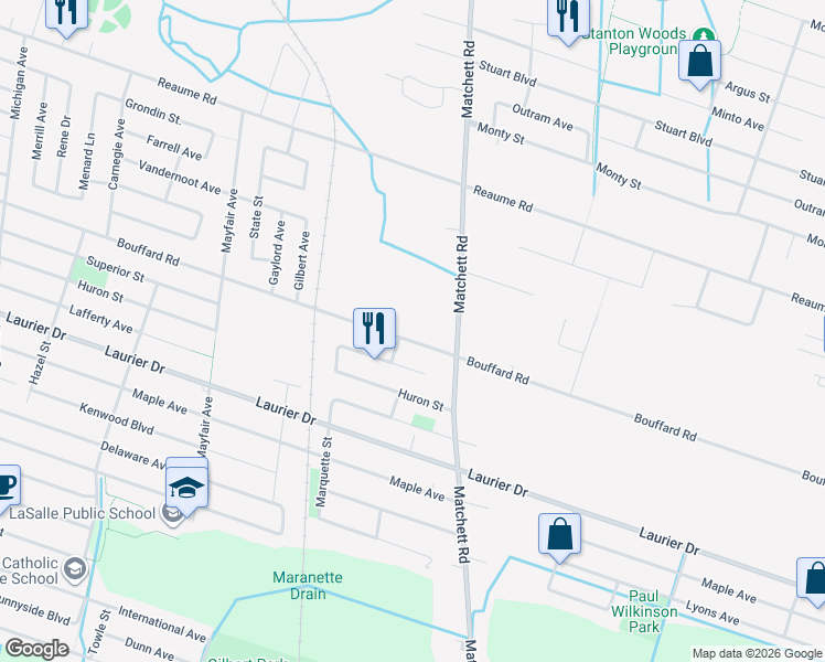 map of restaurants, bars, coffee shops, grocery stores, and more near 907 Bouffard Road in Windsor