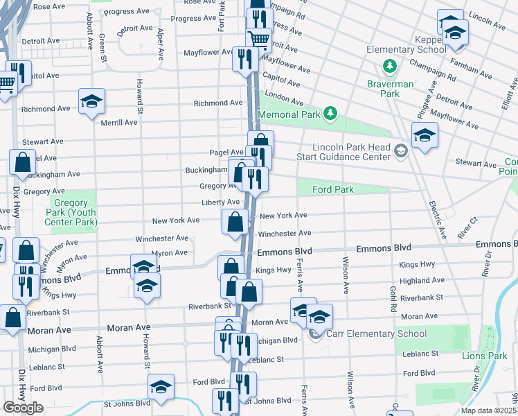 map of restaurants, bars, coffee shops, grocery stores, and more near 1082 New York Avenue in Lincoln Park