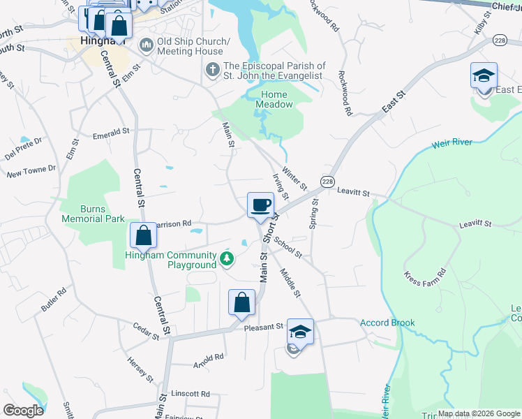 map of restaurants, bars, coffee shops, grocery stores, and more near 6 Leavitt Street in Hingham