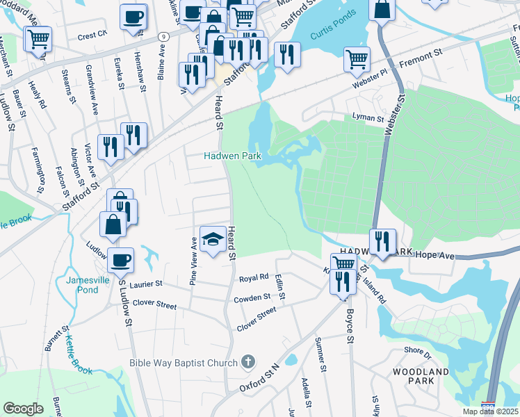 map of restaurants, bars, coffee shops, grocery stores, and more near 19 Heard Street in Worcester