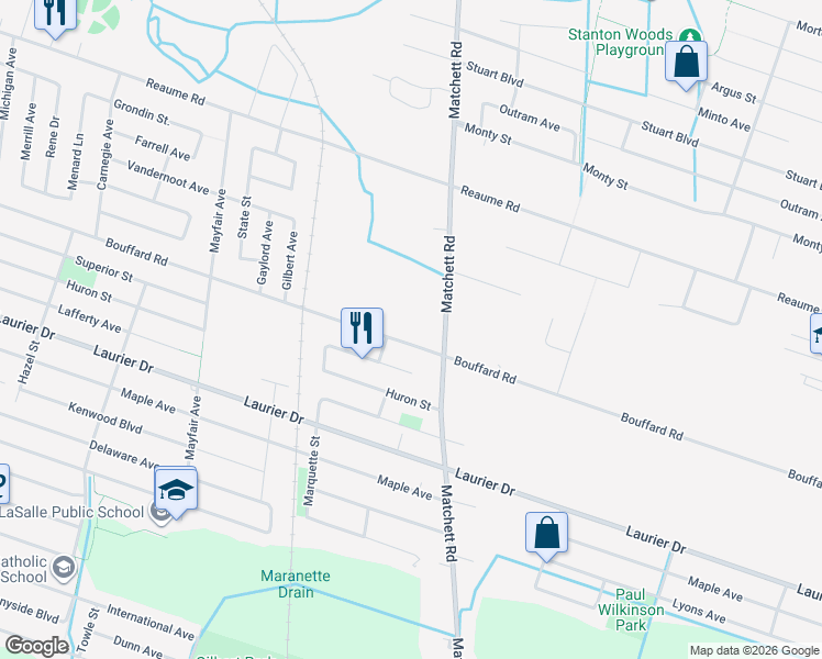 map of restaurants, bars, coffee shops, grocery stores, and more near 907 Bouffard Road in Windsor