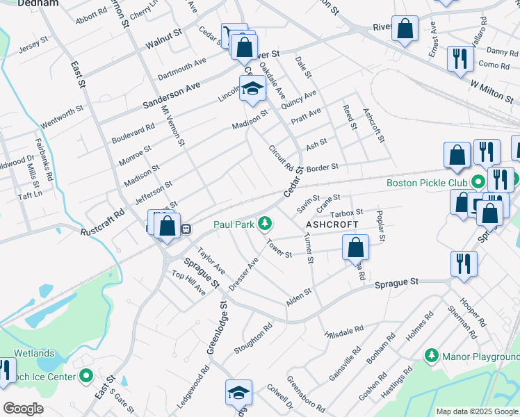 map of restaurants, bars, coffee shops, grocery stores, and more near 327 Cedar Street in Dedham